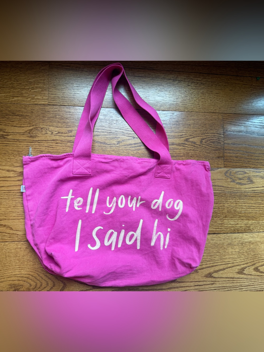 Pink Canvas Tote Bag with "tell your dog I said hi" by we rate dogs